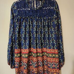 Women’s Boho Floral Peasant Blouse Lace Yoke Navy Blue Long Sleeve Tunic Medium